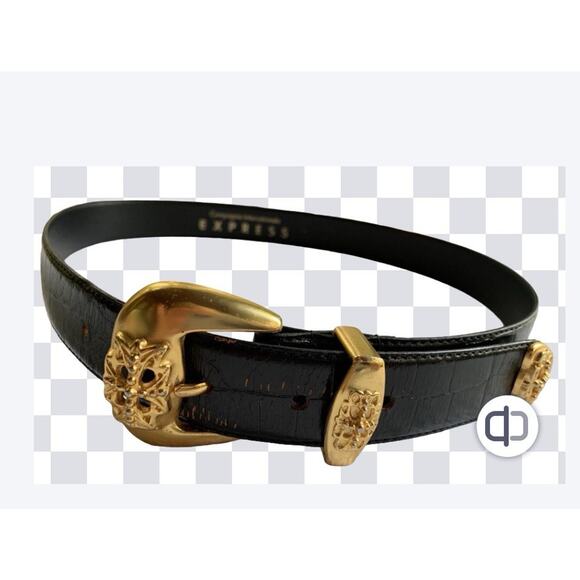 Vintage Express Concho Belt Womens Small/Black Croc Embossed Leather Brass - Picture 1 of 9